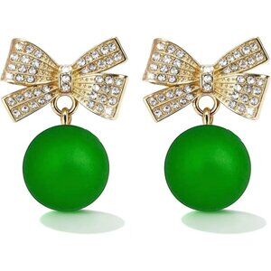 Women's Green Bow Rhinestone Pearl Bow Earrings Holiday Jewelry Gifts Christmas